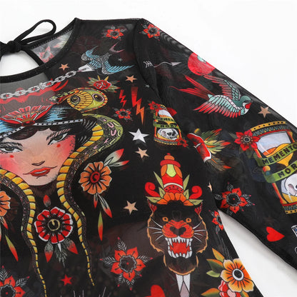 Damen-Badeanzug 3-teilig Print Langarm Sarong-Set gepolstert