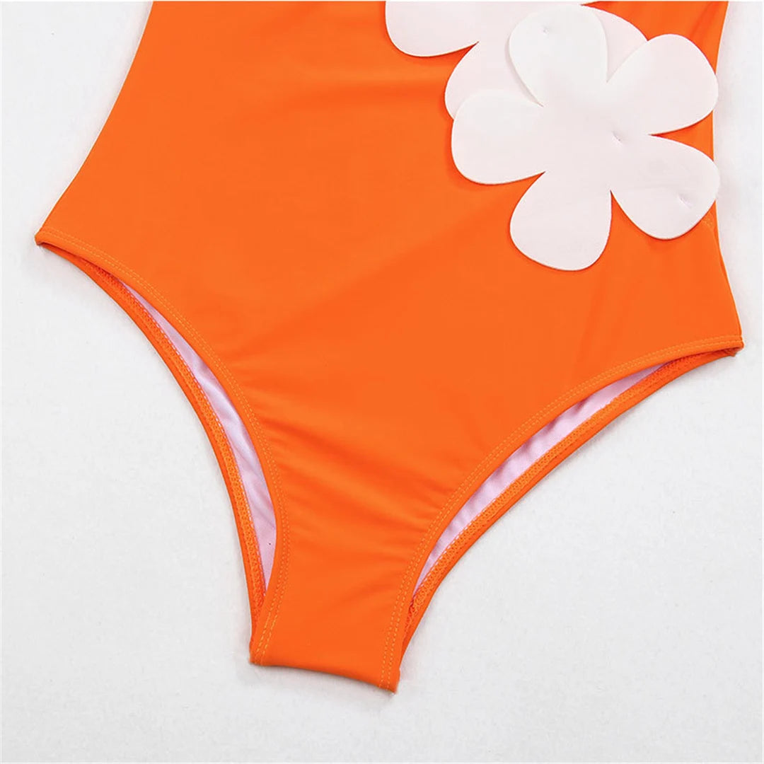 Damen Badeanzug Sarong 3D-Blumen tiefer V-Ausschnitt hoher Beinausschnitt