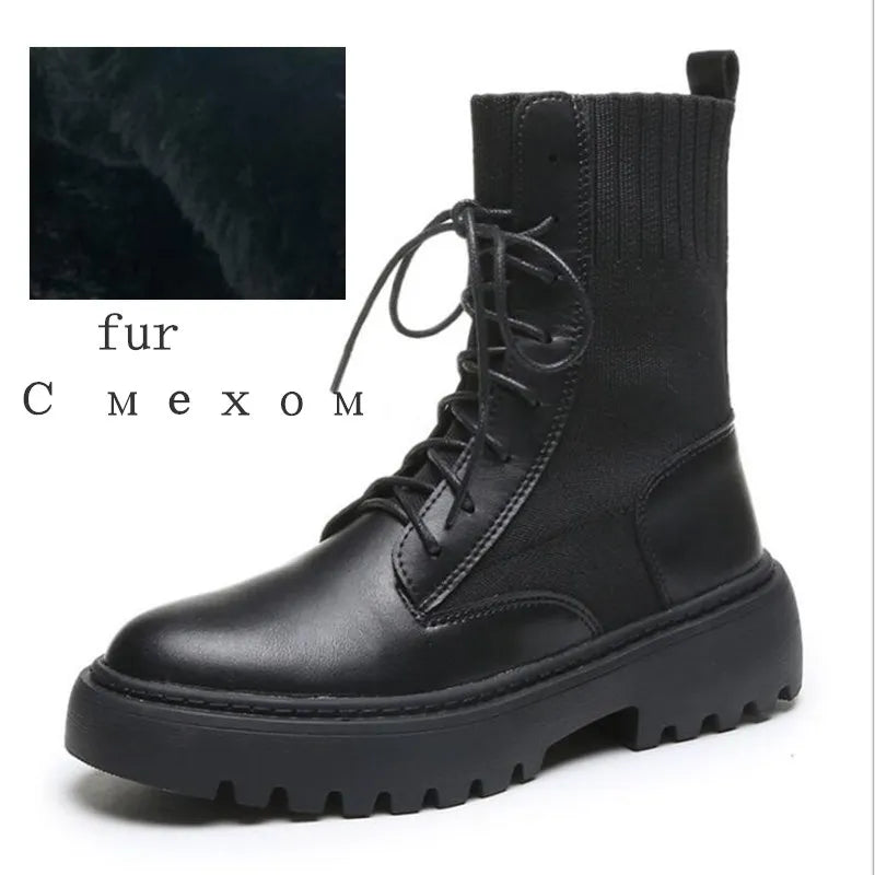 AIYUQI Women Winter Boots Shoes Genuine Leather Flat Fur Ankle Boots Women Platform Fashion Women's Socks Boots