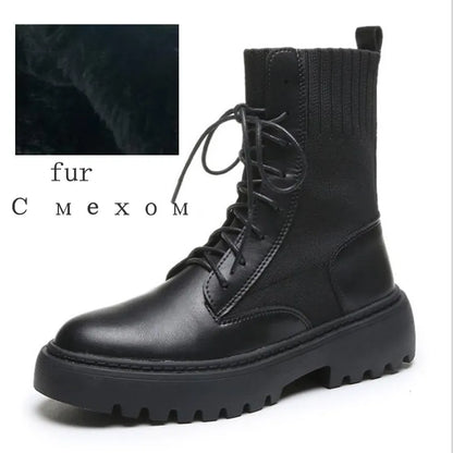 AIYUQI Women Winter Boots Shoes Genuine Leather Flat Fur Ankle Boots Women Platform Fashion Women's Socks Boots