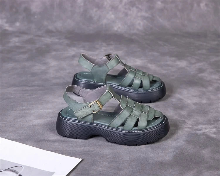 AIYUQI Sandalen Frauen Sommer 2025, Neue Echtes Leder Baotou Römischen Sandalen Damen Retro Hohl Gewebt Frauen Sandalen