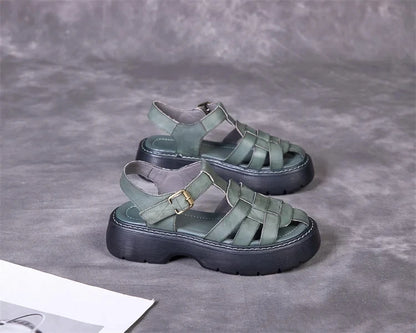 AIYUQI Sandalen Frauen Sommer 2025, Neue Echtes Leder Baotou Römischen Sandalen Damen Retro Hohl Gewebt Frauen Sandalen