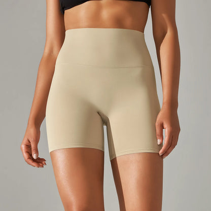 Nahtlose Sportshorts für Frauen mit hohem Bund, beigefarben