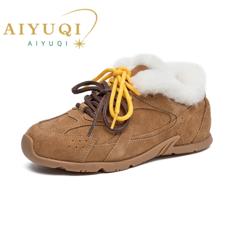 AIYUQI Damen Winter Schuhe Leder Velvet Fur Flach