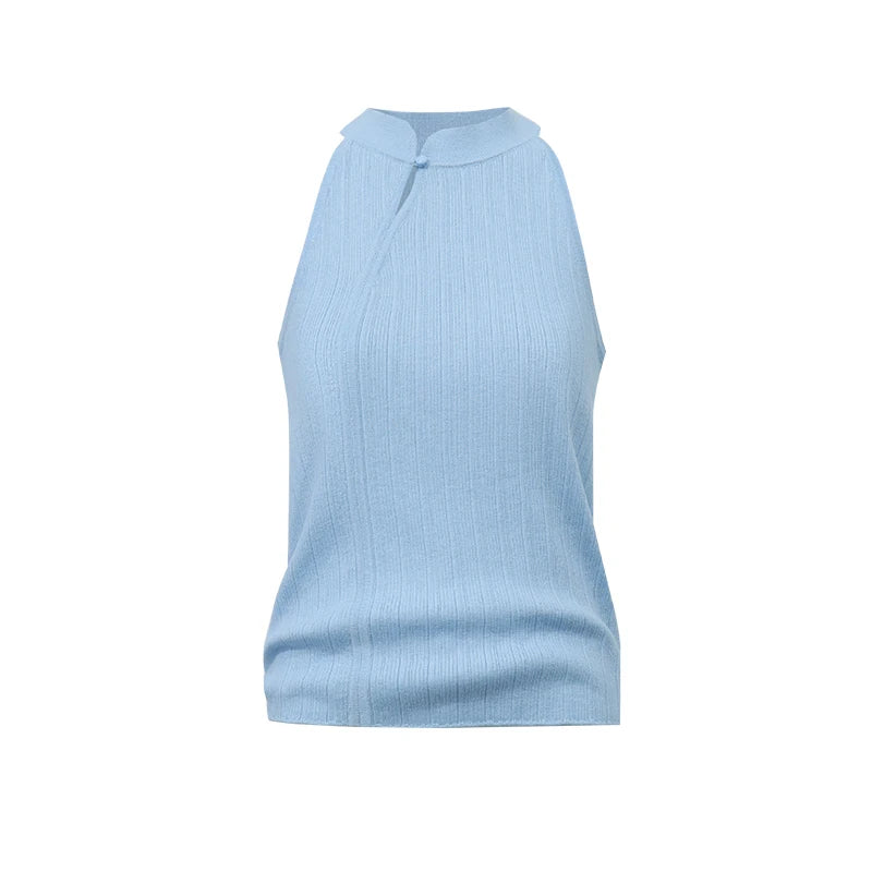 Amii Stricktop, hellblau, ärmellos, Stehkragen, Rückansicht, figurbetont