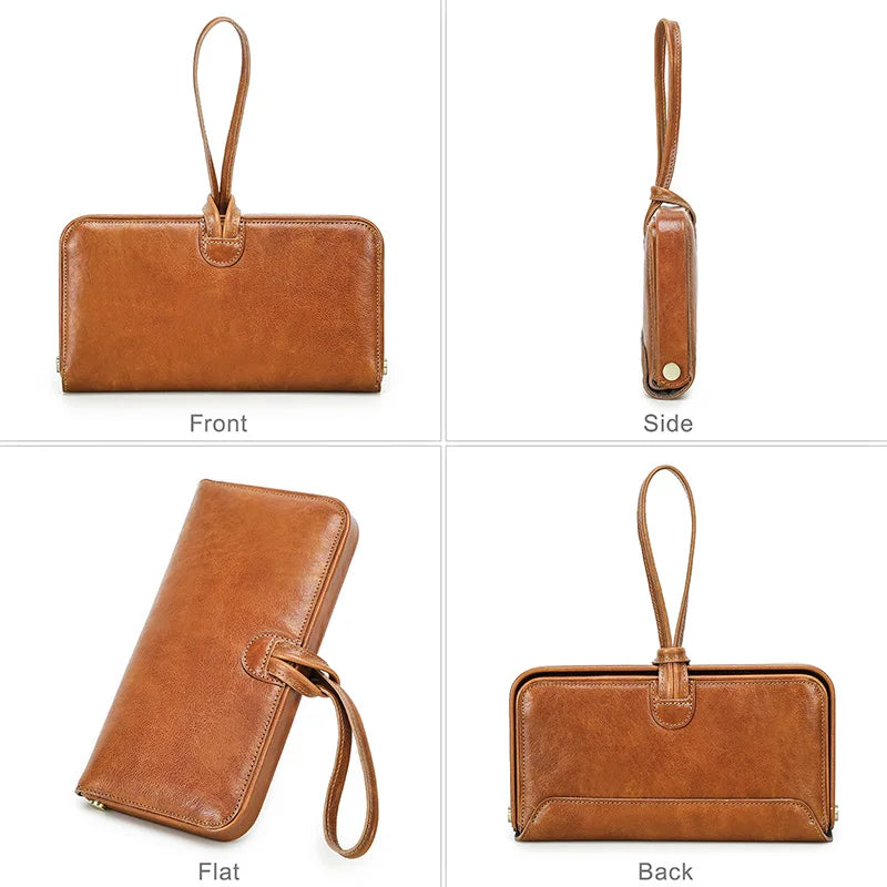 Braune Echtleder-Handgelenktasche mit Trageschlaufe, Vorder-, Seiten- und Rückansicht