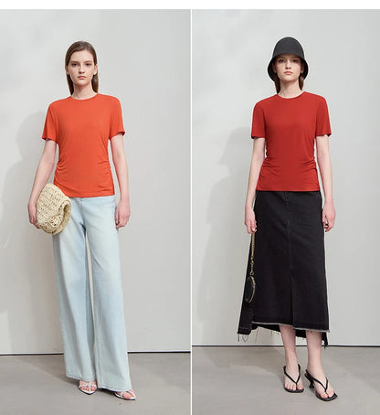 Damen Sommer-T-Shirt im minimalistischen Stil mit schmalem O-Ausschnitt und kurzen Ärmeln