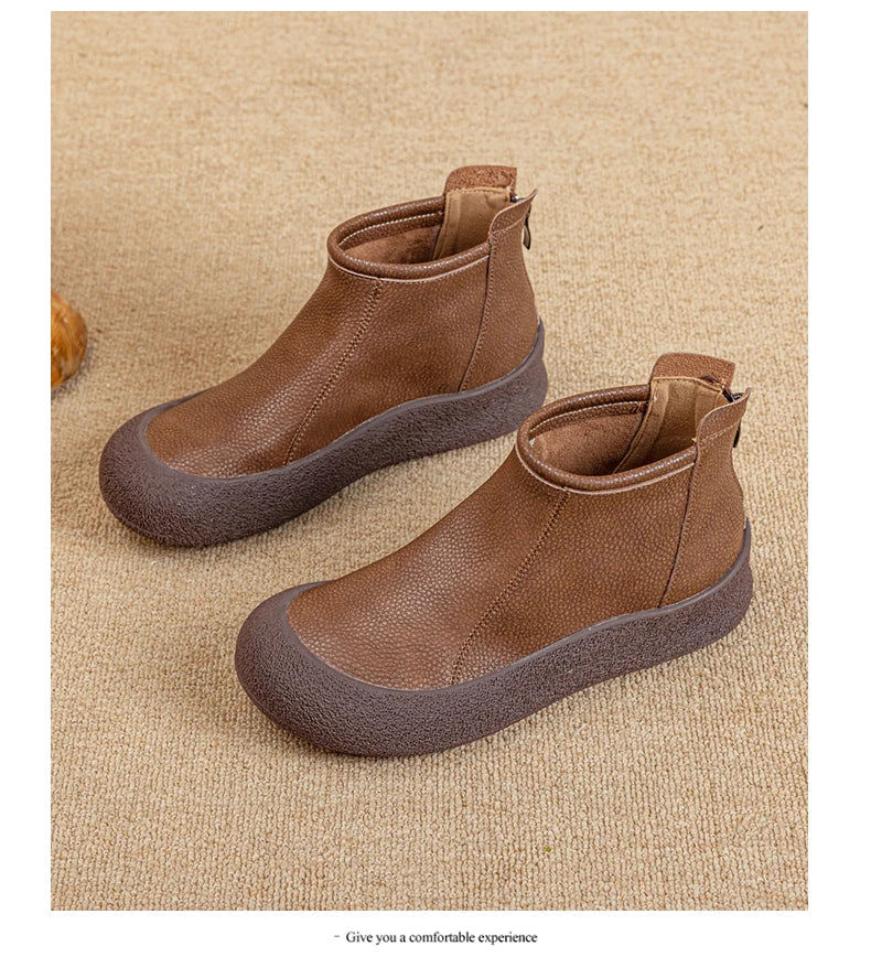Damen-Stiefeletten aus Leder, braun, flach, mit Schaftöffnung und dick gepolsterter Sohle
