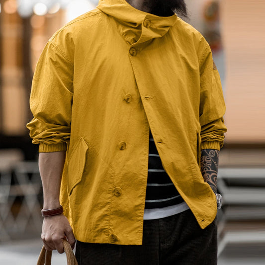 Herren Kapuzenjacke Vintage Einfarbig Dünn Loose Taschen Einzel-Breasted Coat
