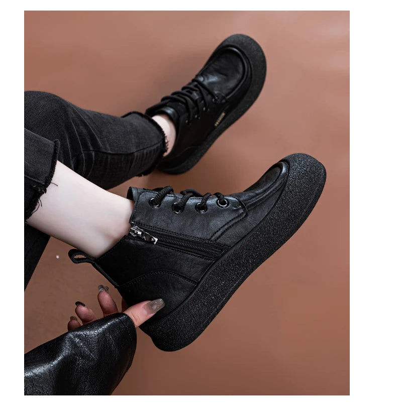 AIYUQI Damen-Stiefeletten, schwarz, Schnürung, seitlicher Reißverschluss, flache Profilsohle