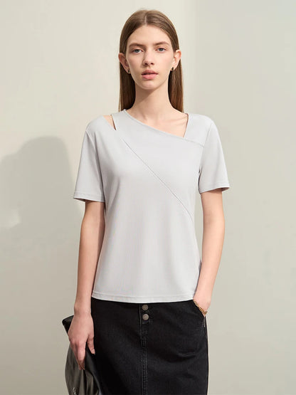 Damen T-Shirts im Minimalismus-Stil mit asymmetrischem V-Ausschnitt und kurzen Ärmeln