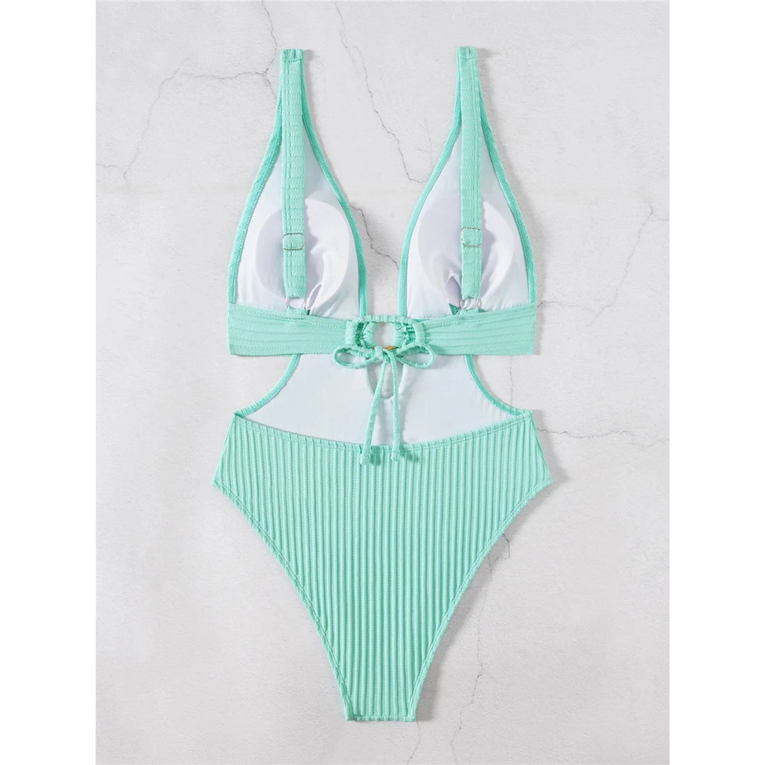 Damen Badeanzug tiefer V-Ausschnitt Cut-Out Monokini hoher Beinausschnitt 8 Farben