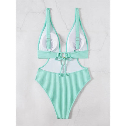Damen Badeanzug tiefer V-Ausschnitt Cut-Out Monokini hoher Beinausschnitt 8 Farben