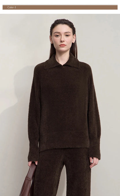 Damen-Pullover in dunklem Braun mit Polokragen, langärmlig, gerade Silhouette
