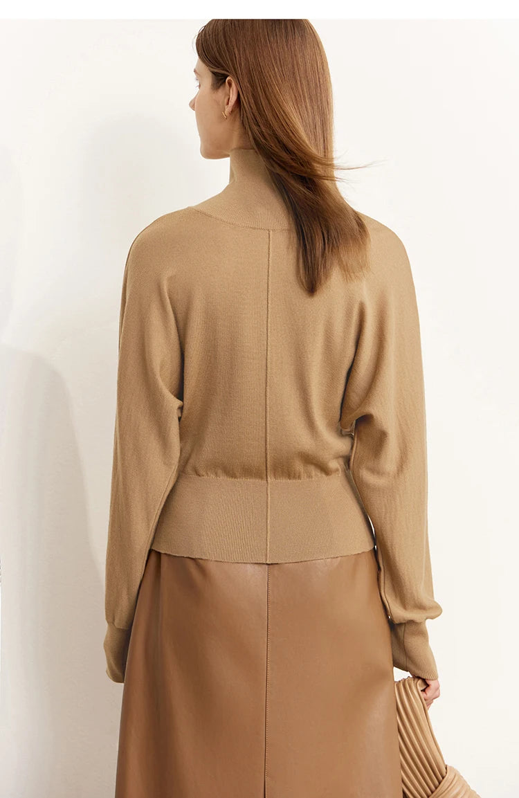 Damen-Rollkragenpullover 100 % Wolle locker Fledermausärmel Herbst