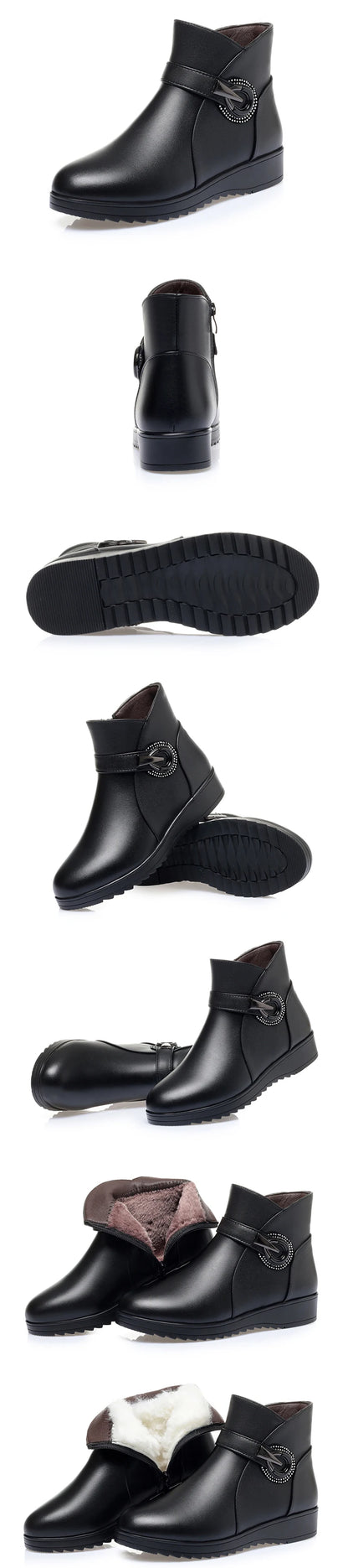 Schwarze Stiefeletten mit Keilabsatz, seitlicher Schnalle und Profilsohle