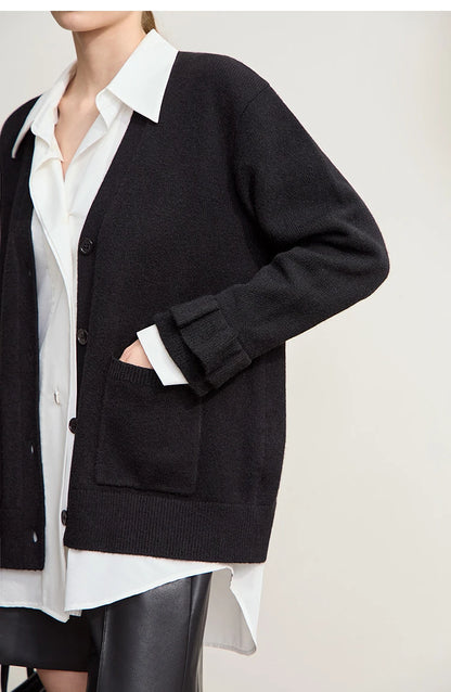 Damen-Strickjacke Wolle V-Ausschnitt Pendler einreihig locker Winter