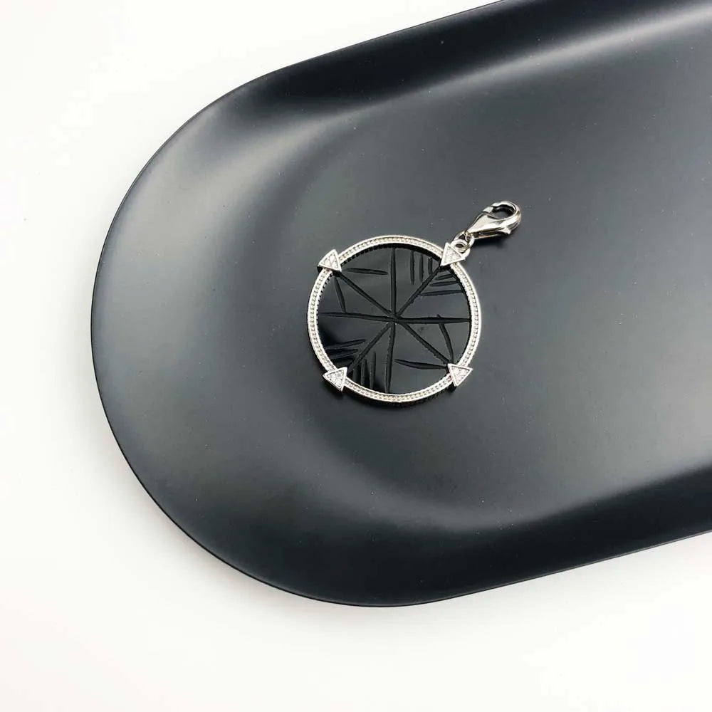 Damen-Charm-Anhänger schwarzer Stein rund Vintage aus Sterlingsilber