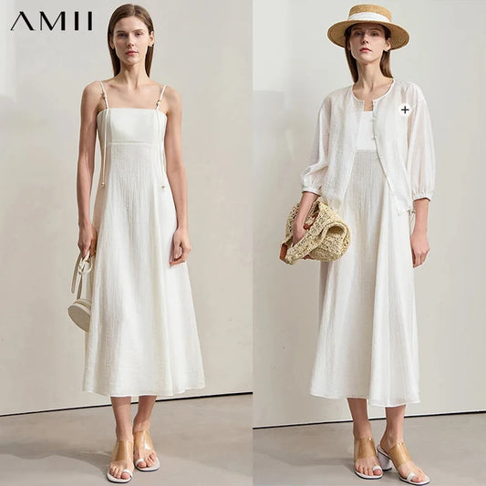 Beiges Cami-Kleid mit Spaghettiträgern, Knopfleiste vorn und A-Linie