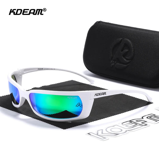 Sport-Sonnenbrille mit Spiegelgläsern, weißer Rahmen und schwarzes Etui