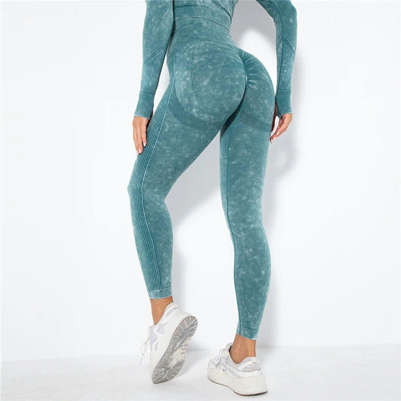Nahtlose Yoga-Leggings mit hoher Taille, türkis gemustert, seitliche Nahtstreifen, 7/8-Länge