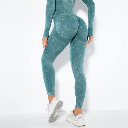 Nahtlose Yoga-Leggings mit hoher Taille, türkis gemustert, seitliche Nahtstreifen, 7/8-Länge