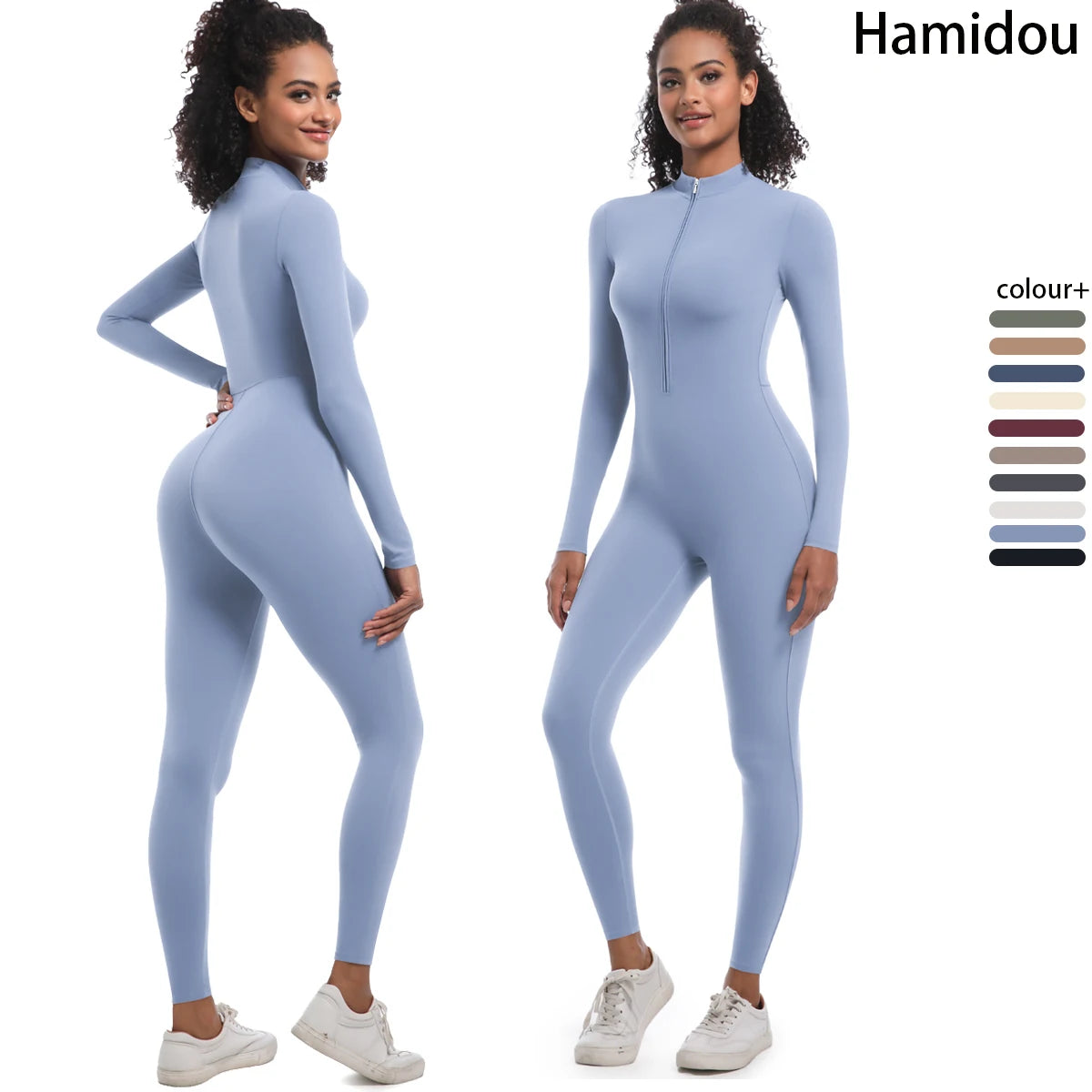 Nahtloser Damen-Overall mit langen Ärmeln, hellblau, Frontreißverschluss