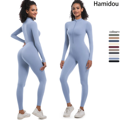 Nahtloser Damen-Overall mit langen Ärmeln, hellblau, Frontreißverschluss