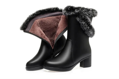Damen Stiefel aus echtem Leder mit quadratischem Absatz und Fellfutter