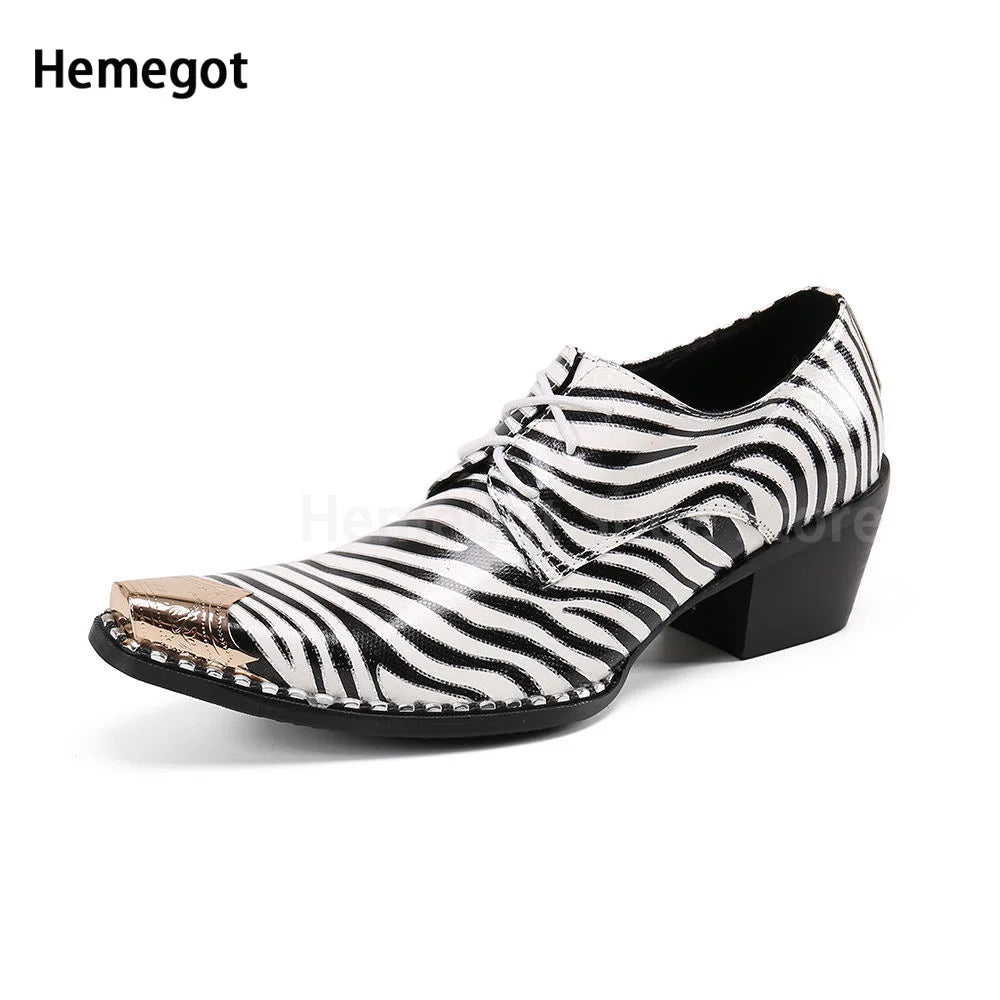 Zebra Stripes Lace-Up Brogue Shoes for Men Iron Toe High-Heeled High-End Men's High-Heeled Leather Shoes Banquet Dress Shoes