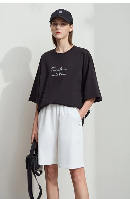 Damen T-Shirt aus ultraloch Stretch-Baumwolle mit Buchstaben-Bowknot-Aufdruck