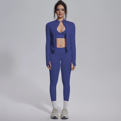Nahtloses Yoga-Set Damen Dunkelblau: Sport-BH, Leggings und langärmlige Jacke