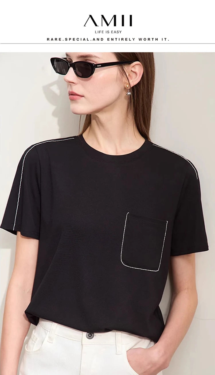 Damen Sommer-T-Shirts im minimalistischen Stil mit O-Ausschnitt und kurzen Ärmeln