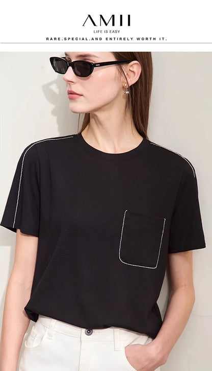 Damen Sommer-T-Shirts im minimalistischen Stil mit O-Ausschnitt und kurzen Ärmeln