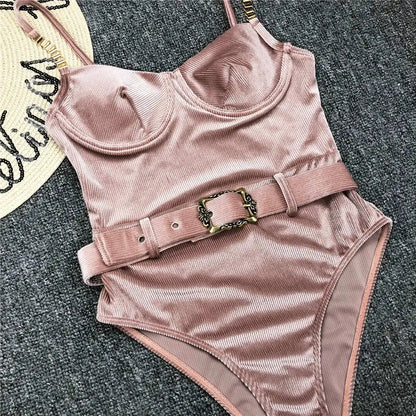 Damen-Badeanzug Rippe Gürtel High-Cut Bodysuit einteilig