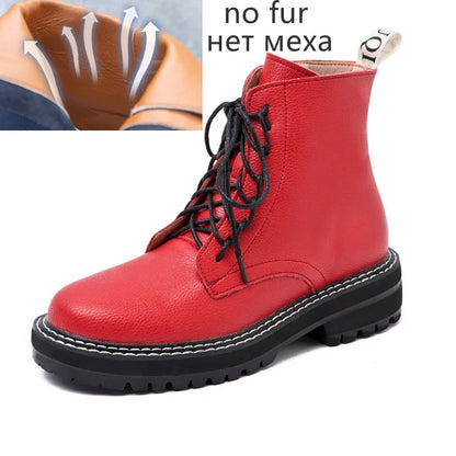 Rote Schnürstiefelette aus Leder, Schnürung und dicke Profilsohle, ungefüttert