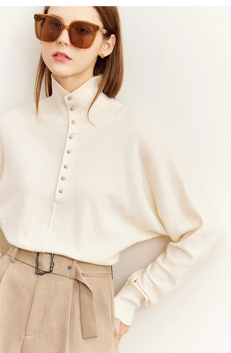Damen-Rollkragenpullover 100 % Wolle locker Fledermausärmel Herbst