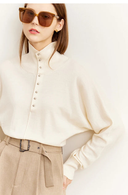 Damen-Rollkragenpullover 100 % Wolle locker Fledermausärmel Herbst