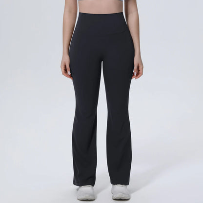Schwarze Damen-Sporthose mit hohem Bund und weitem, langem Bein