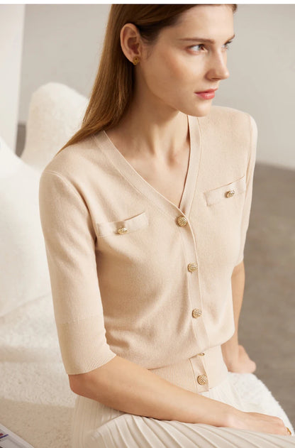 Damen-Strickjacke Baumwolle Slim Halbarm V-Ausschnitt Büro Frühling