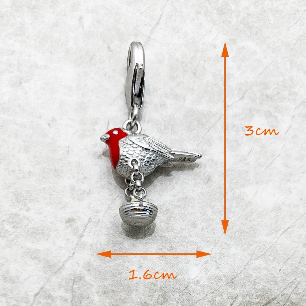 Vogel-Anhänger aus 925er Sterlingsilber mit rotem Kopf, Kettenglied und Schlaufe