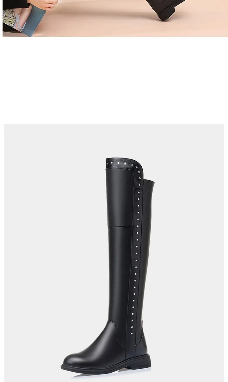 Over The Knee Boots Ladies Winter Wool Warm Genuine Leather Shiny Fashion Ladies Knee Boots Large Size Female Riding Boots