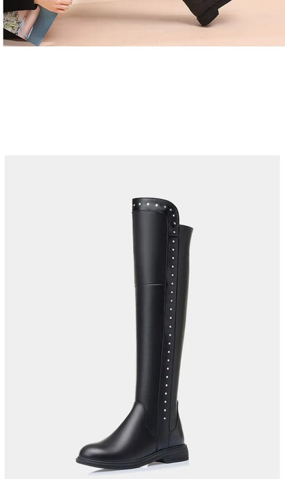 Over The Knee Boots Ladies Winter Wool Warm Genuine Leather Shiny Fashion Ladies Knee Boots Large Size Female Riding Boots