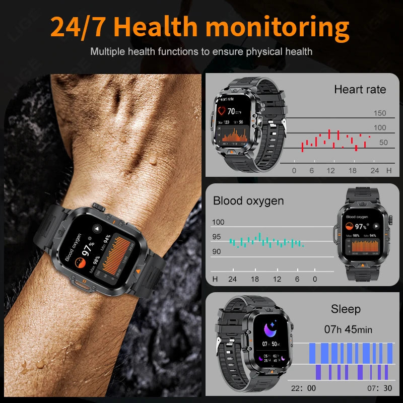 LIGE Neue Smart Watch 2,01" HD Display Taschenlampe Bluetooth Anruf 410mAh Batterie Robuste Smartwatch Wasserdichte Smart Armband
