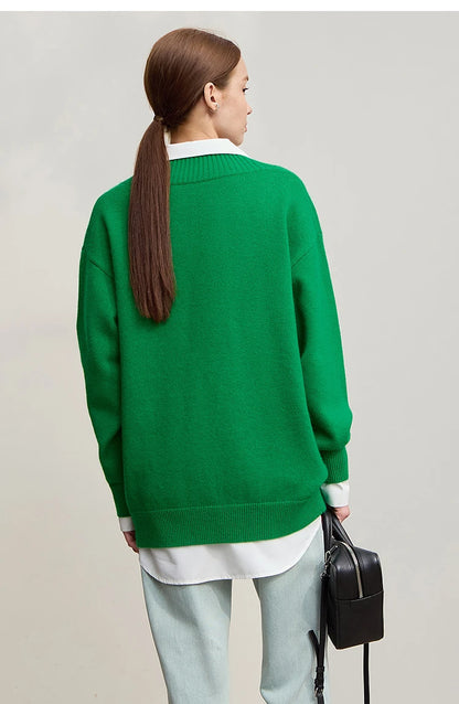 Damen-Strickpullover, Rückenansicht, grün, Langarm mit geripptem Saum