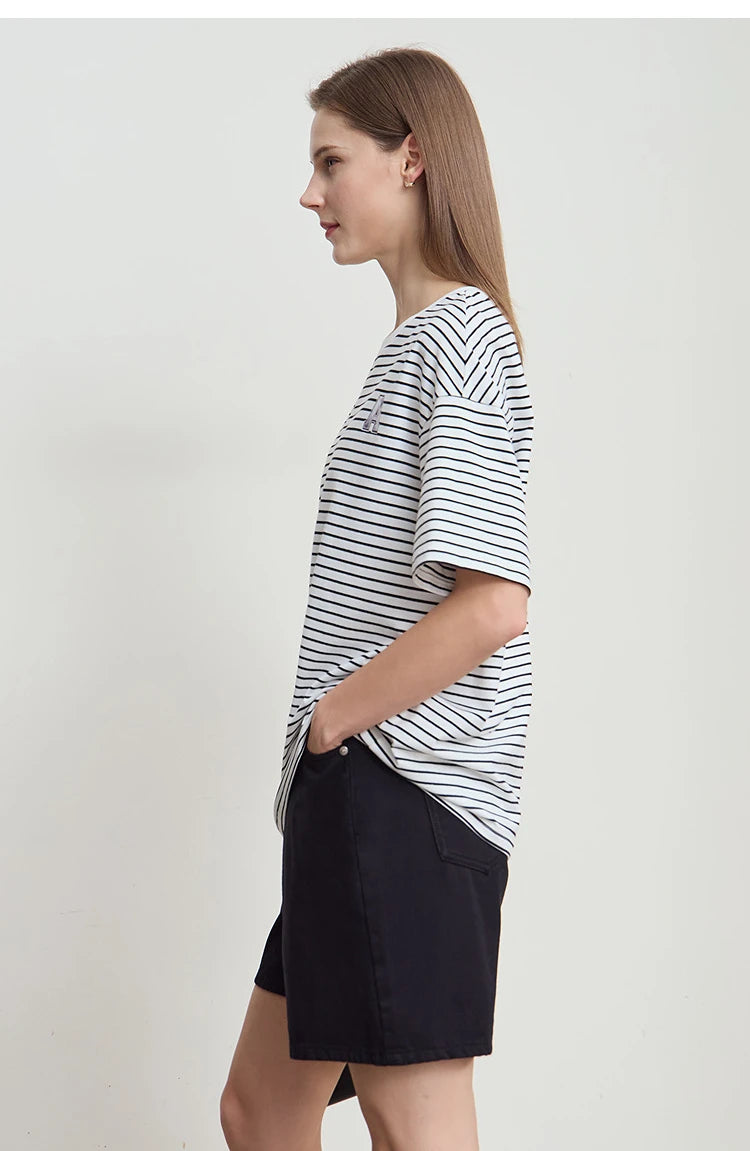 Damen T-Shirt aus reiner Baumwolle mit lässigem Streifenmuster und kurzen Ärmeln