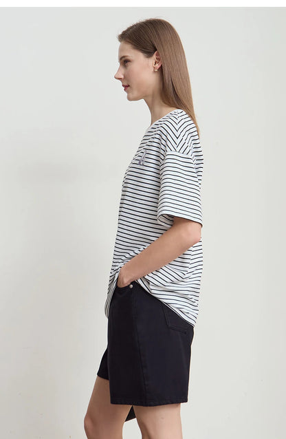 Damen T-Shirt aus reiner Baumwolle mit lässigem Streifenmuster und kurzen Ärmeln