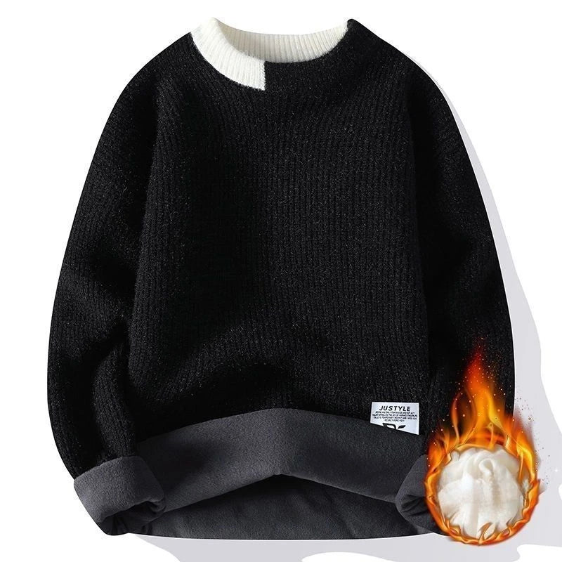 Dicker Herren-Pullover mit Rundhalsausschnitt und Patchwork-Design – Lockerer, elastischer Langarm für Herbst und Winter