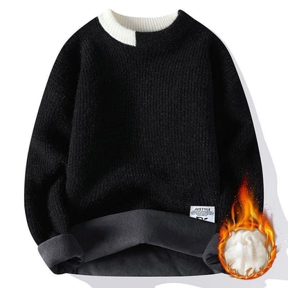 Dicker Herren-Pullover mit Rundhalsausschnitt und Patchwork-Design – Lockerer, elastischer Langarm für Herbst und Winter