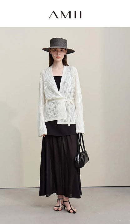 Damen-Strickjacke Lyocell V-Ausschnitt Glockenärmel Gürtel locker Frühling